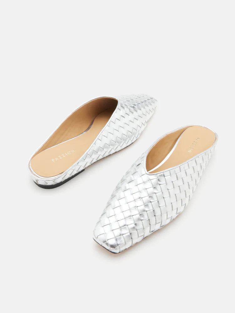 PAZZION, Adamo Woven Square Toe Mules, Silver