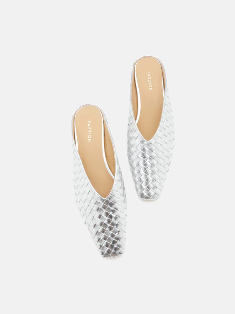 PAZZION, Adamo Woven Square Toe Mules, Silver
