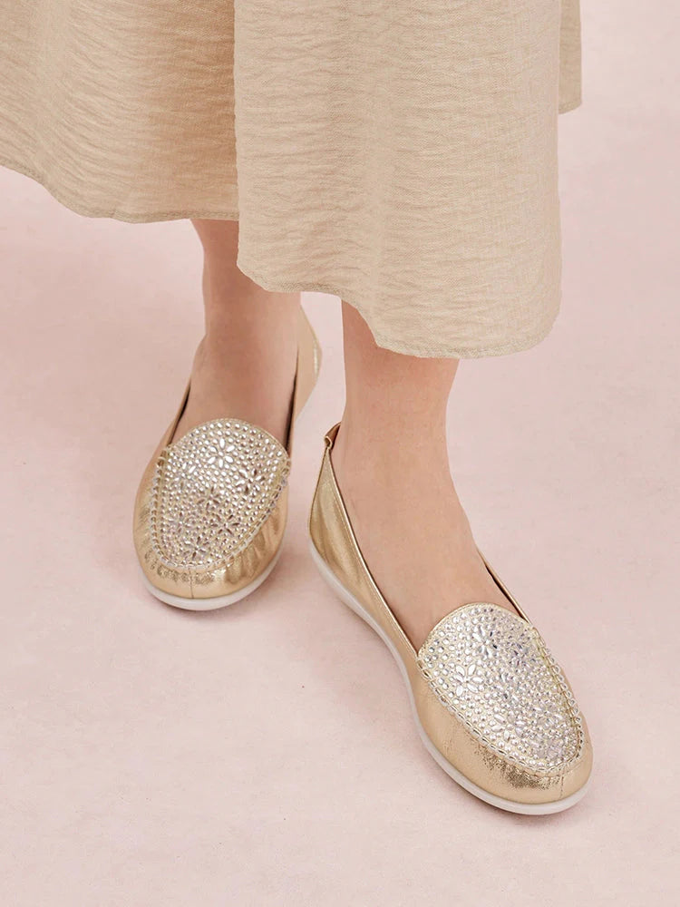 PAZZION, Alexi Crystal Embellished Moccasins, Gold