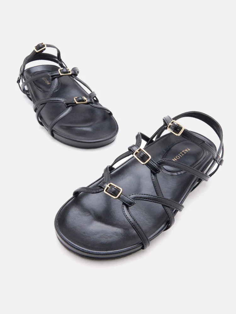 PAZZION, Anica Metallic Cross-Strap Comfort Sandals, Black