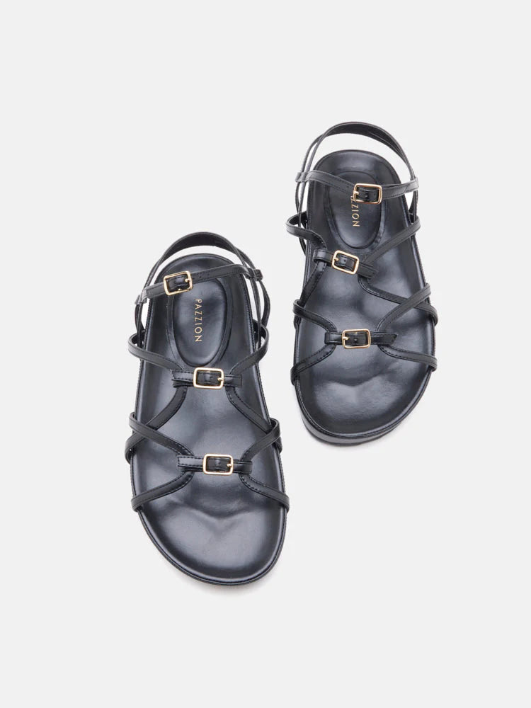 PAZZION, Anica Metallic Cross-Strap Comfort Sandals, Black