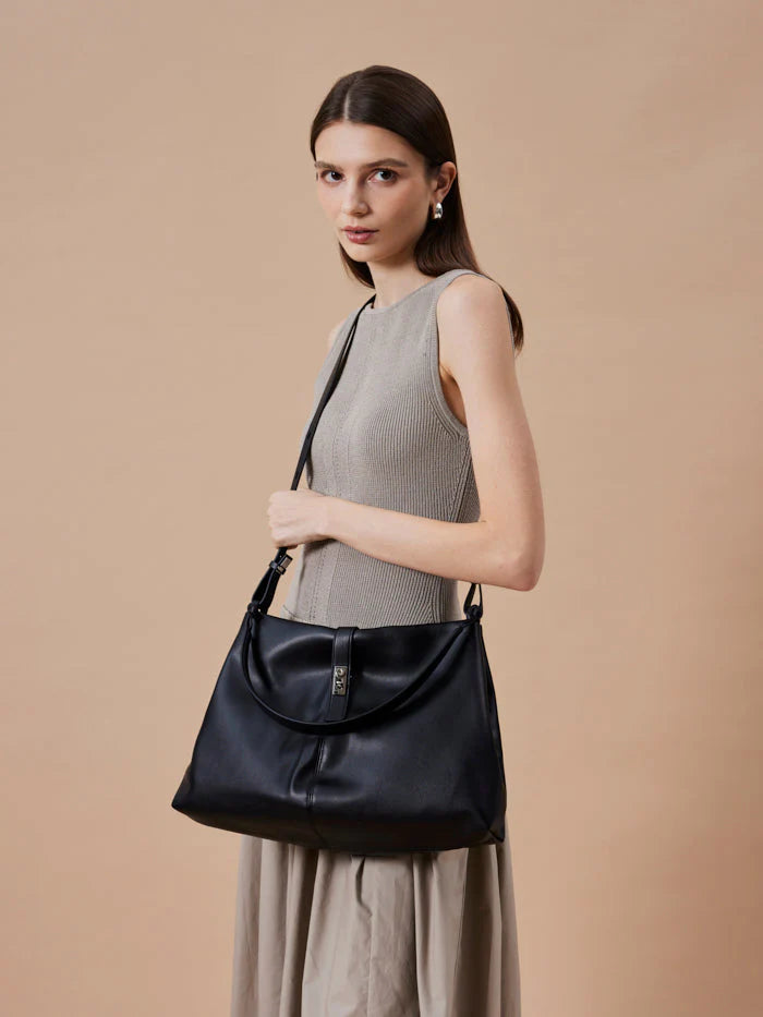 PAZZION, Athena Twist Lock Buckled Bag, Black