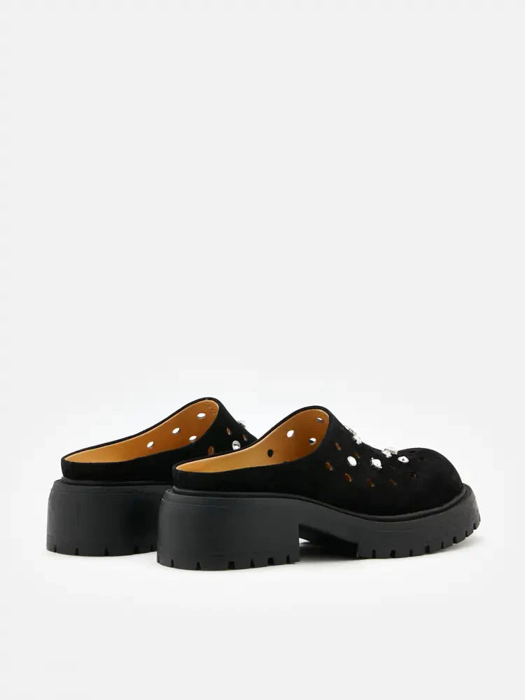 PAZZION, Collette Suede Embellished Clog Mules, Black