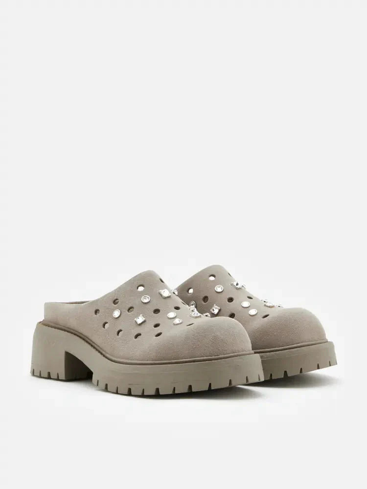 PAZZION, Collette Suede Embellished Clog Mules, Grey