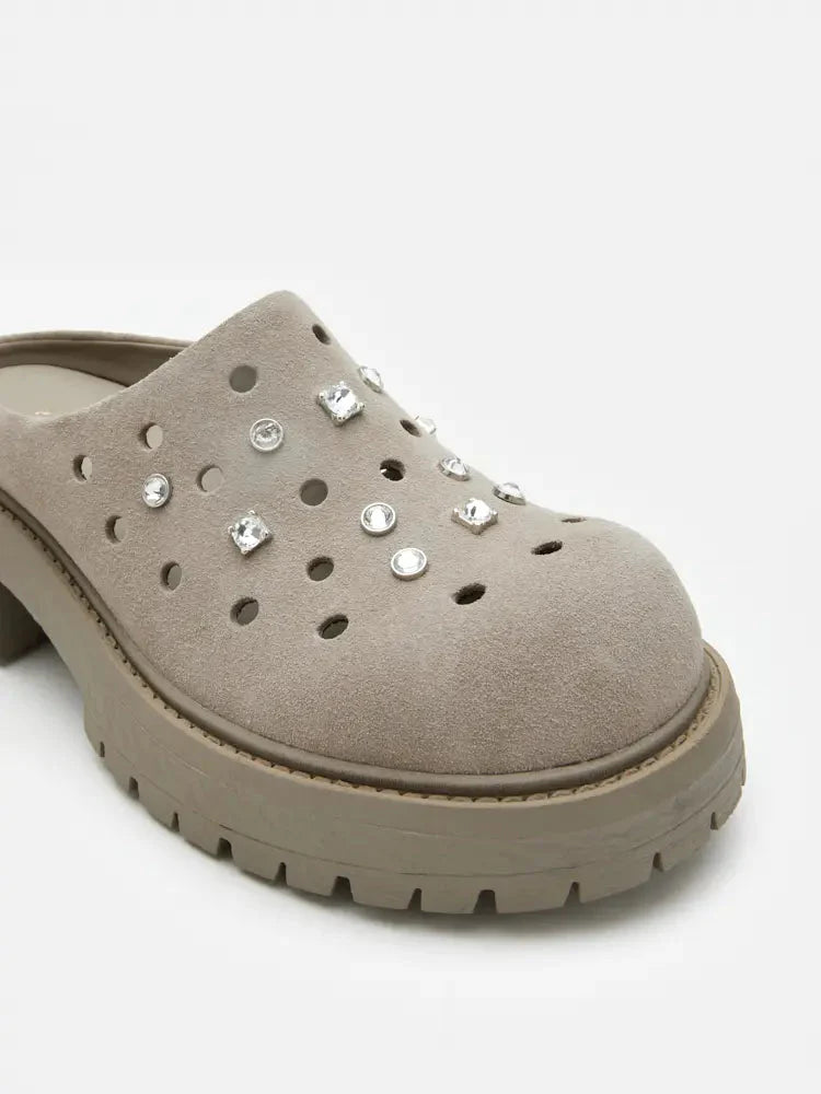 PAZZION, Collette Suede Embellished Clog Mules, Grey