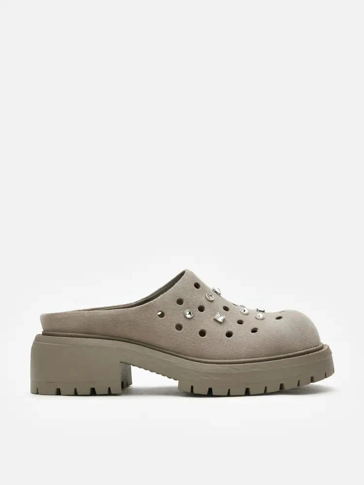 PAZZION, Collette Suede Embellished Clog Mules, Grey