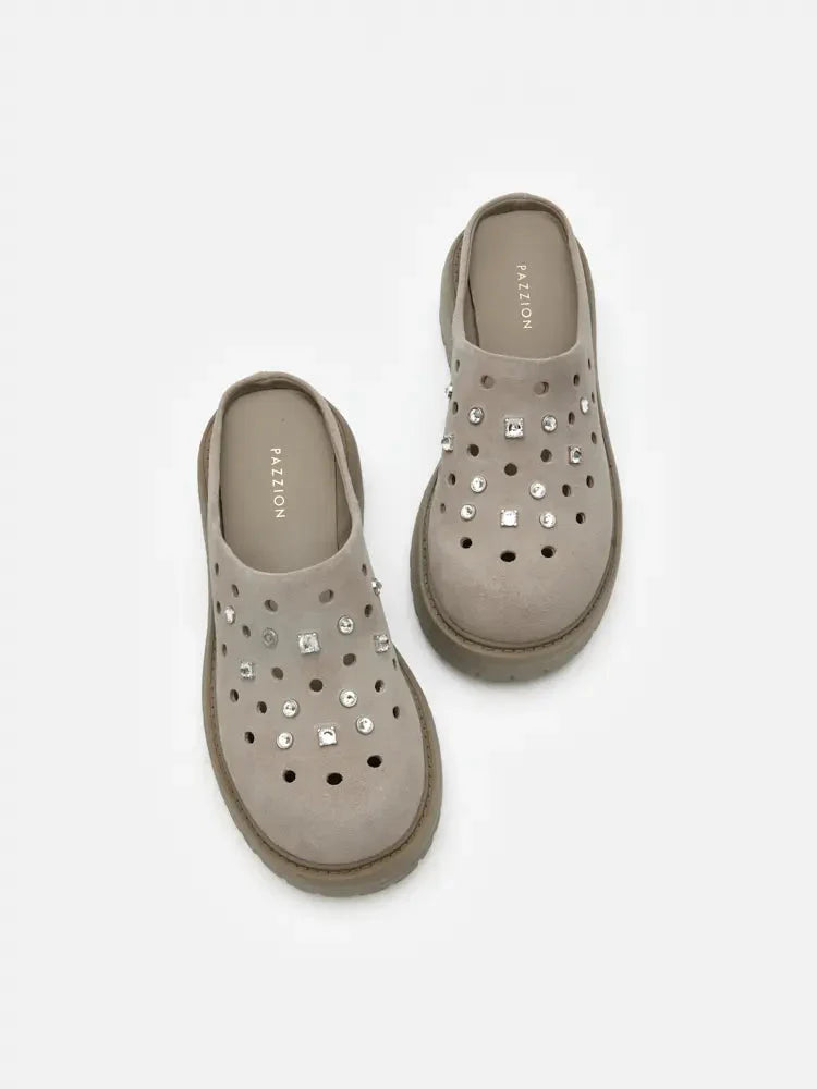 PAZZION, Collette Suede Embellished Clog Mules, Grey