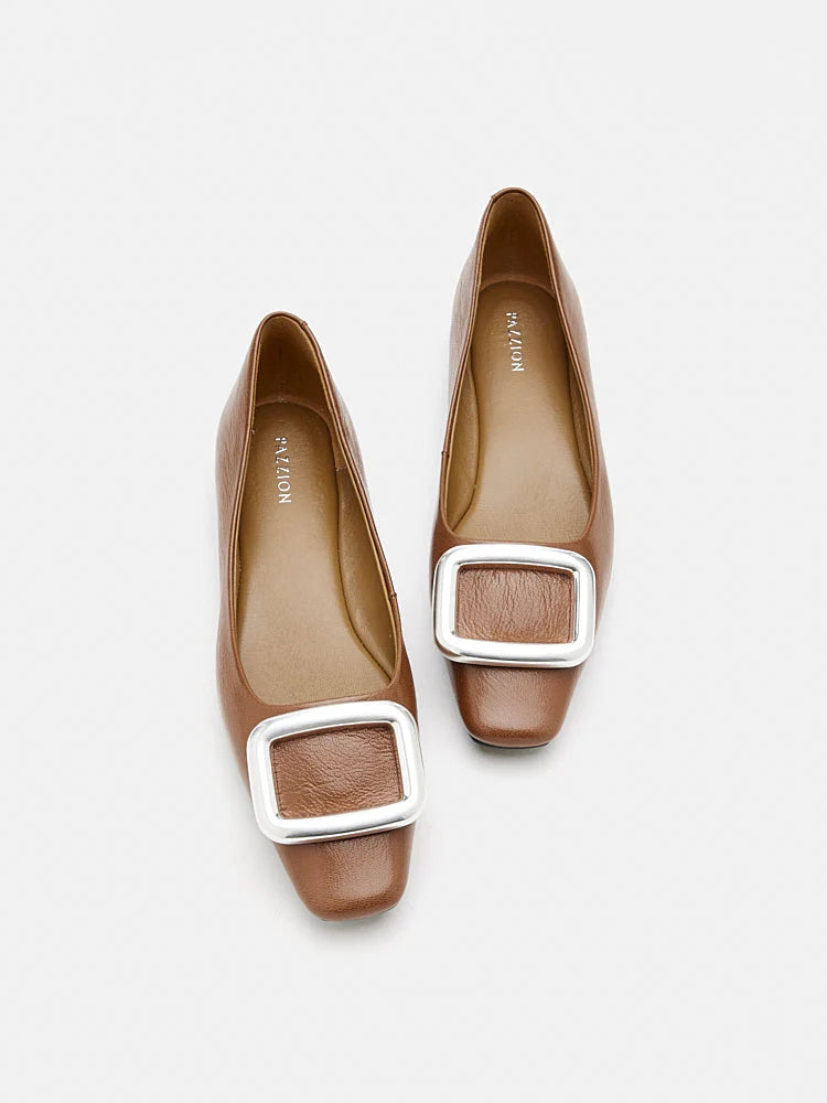 PAZZION, Daeva Silver Buckle Flats, Brown