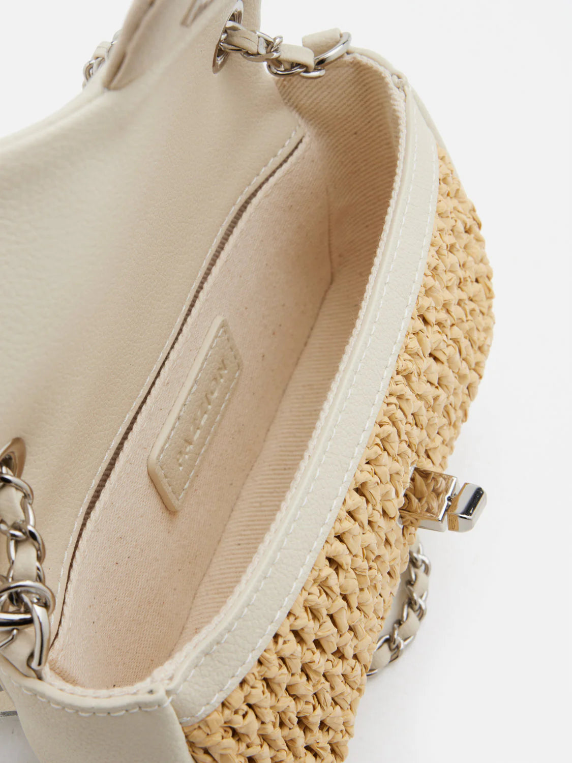 PAZZION, Fleur Raffia Leather Chained Crossbody Bag, Beige