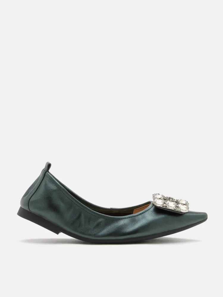 PAZZION, Jannat Jewel Buckle Foldable Flats, Darkgreen