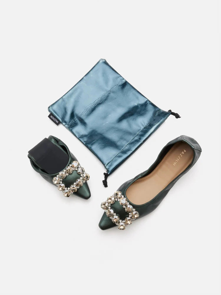 PAZZION, Jannat Jewel Buckle Foldable Flats, Darkgreen