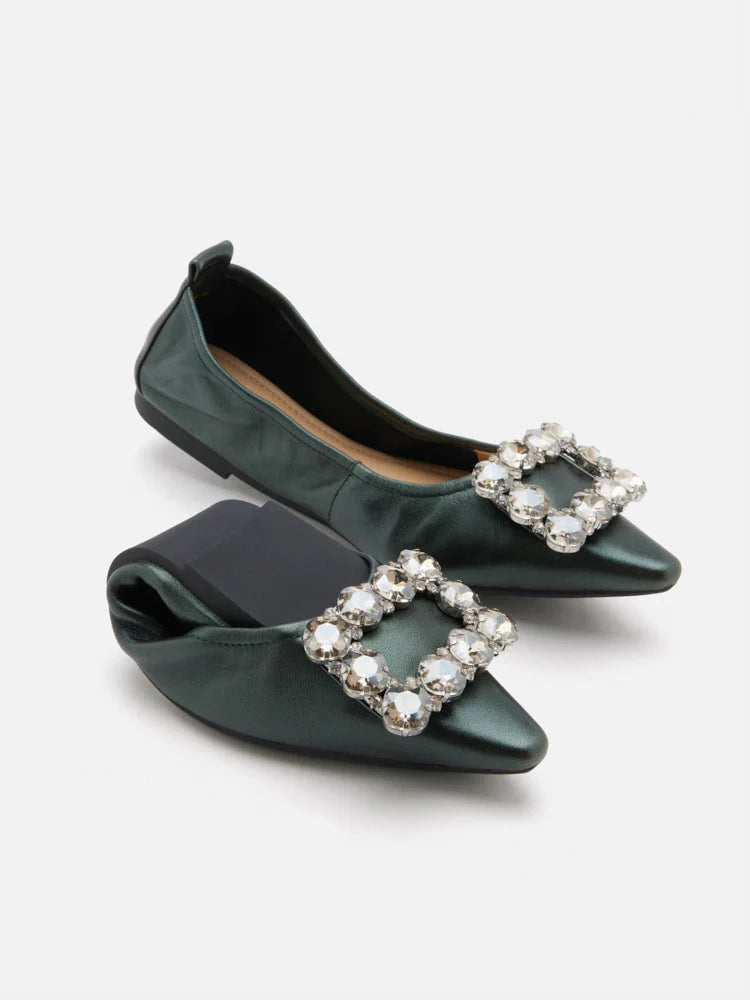 PAZZION, Jannat Jewel Buckle Foldable Flats, Darkgreen