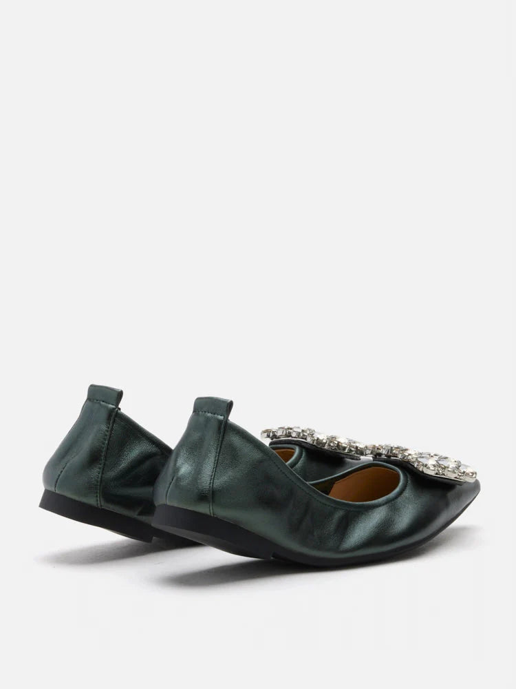 PAZZION, Jannat Jewel Buckle Foldable Flats, Darkgreen