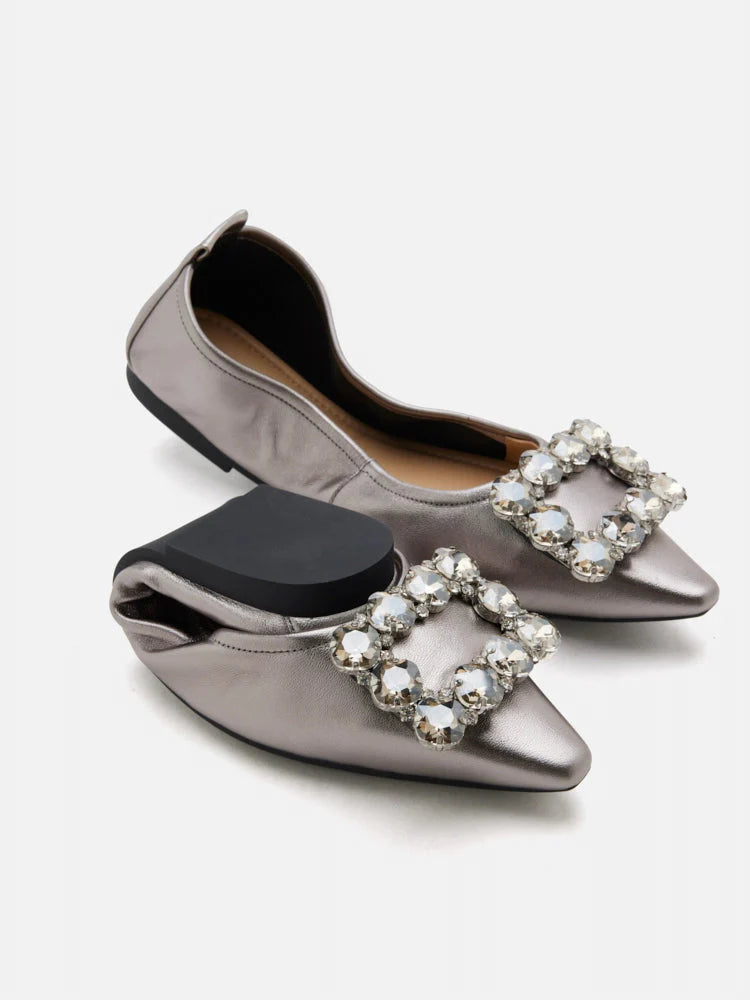 PAZZION, Jannat Jewel Buckle Foldable Flats, Pewter