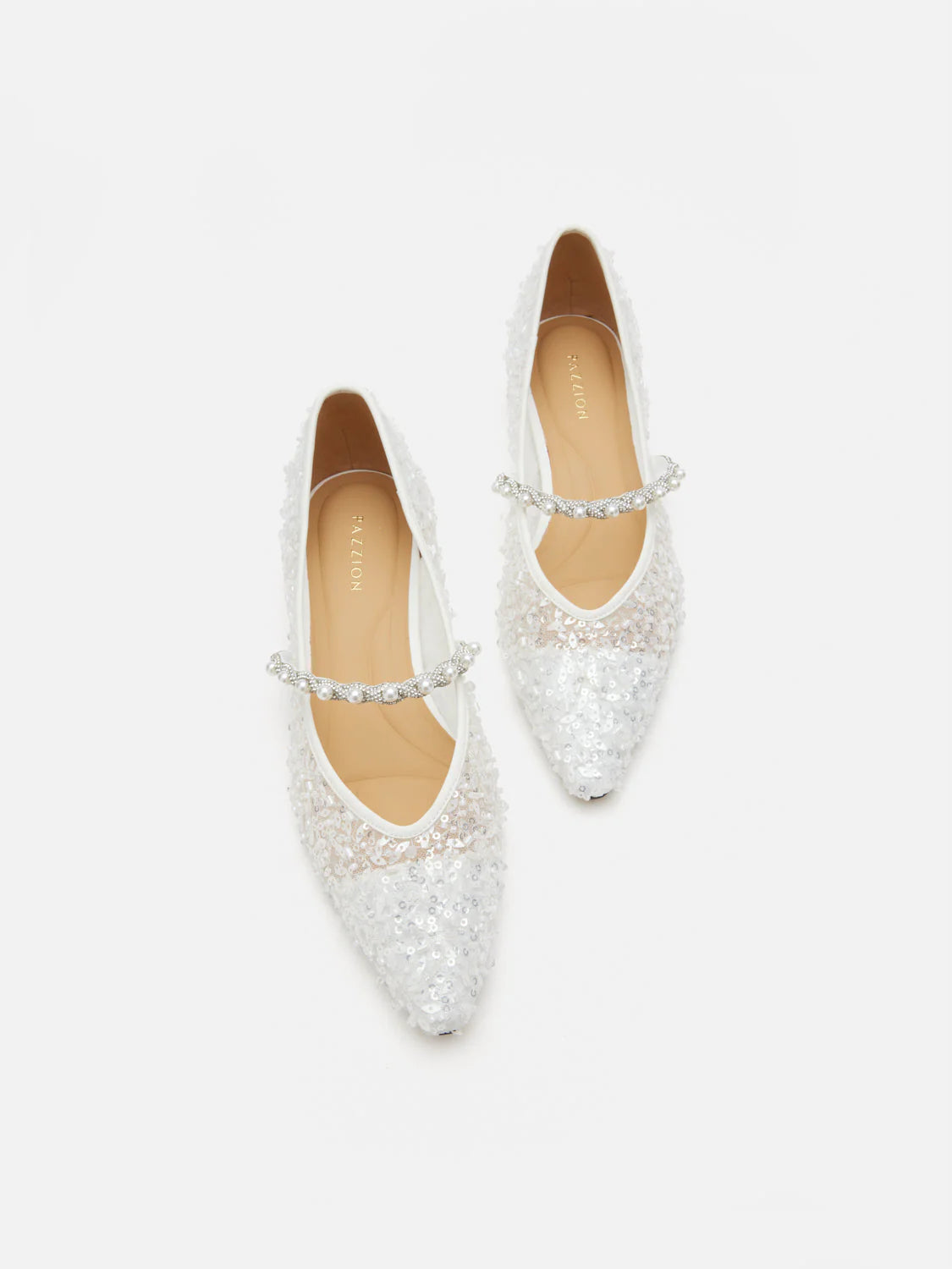 PAZZION, Jemima Embellished Mesh Pointed Toe Flats, White