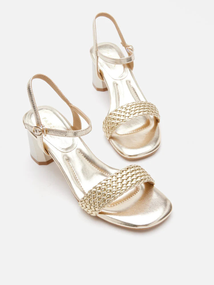 PAZZION, Kit Metallic Woven Strap Sandal Heels, Gold