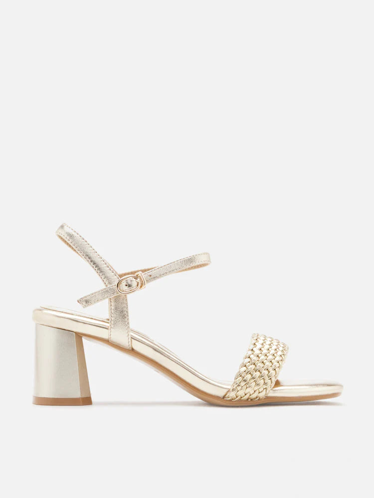 PAZZION, Kit Metallic Woven Strap Sandal Heels, Gold