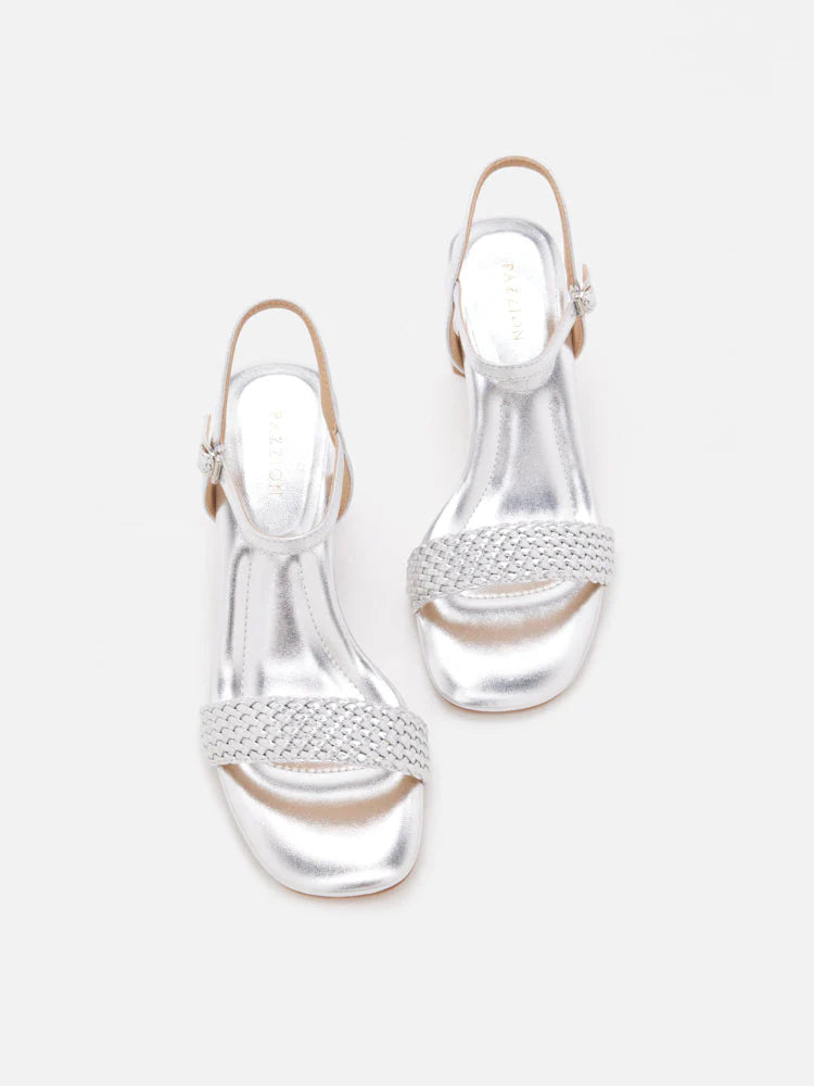 PAZZION, Kit Metallic Woven Strap Sandal Heels, Silver