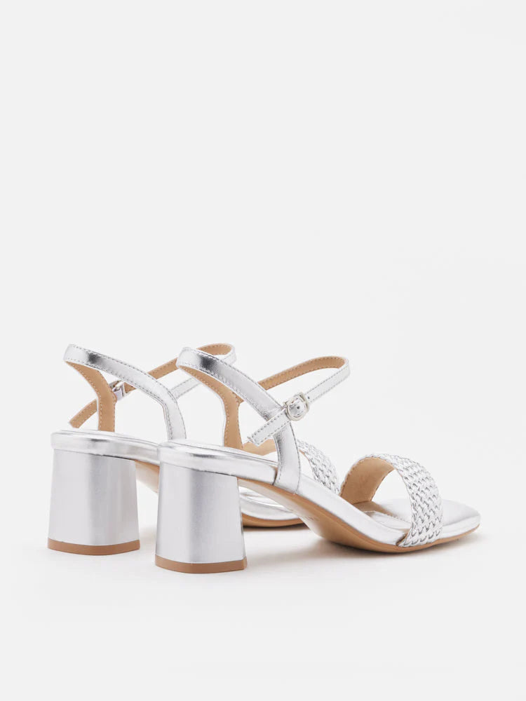 PAZZION, Kit Metallic Woven Strap Sandal Heels, Silver