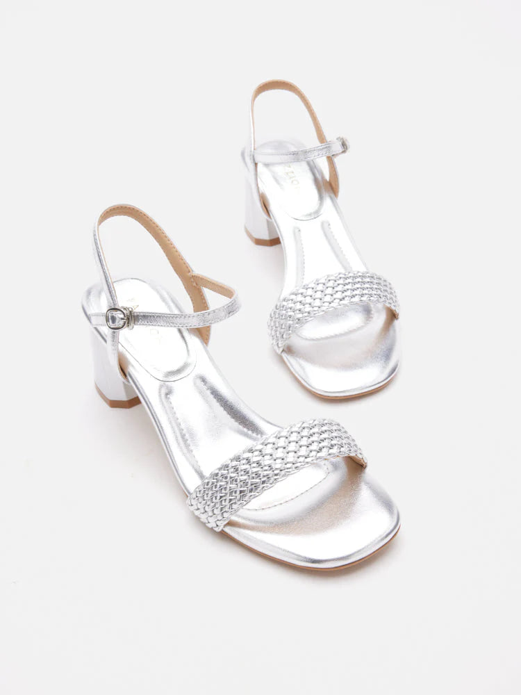 PAZZION, Kit Metallic Woven Strap Sandal Heels, Silver