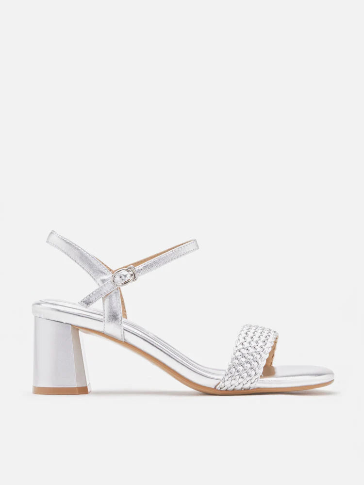 PAZZION, Kit Metallic Woven Strap Sandal Heels, Silver