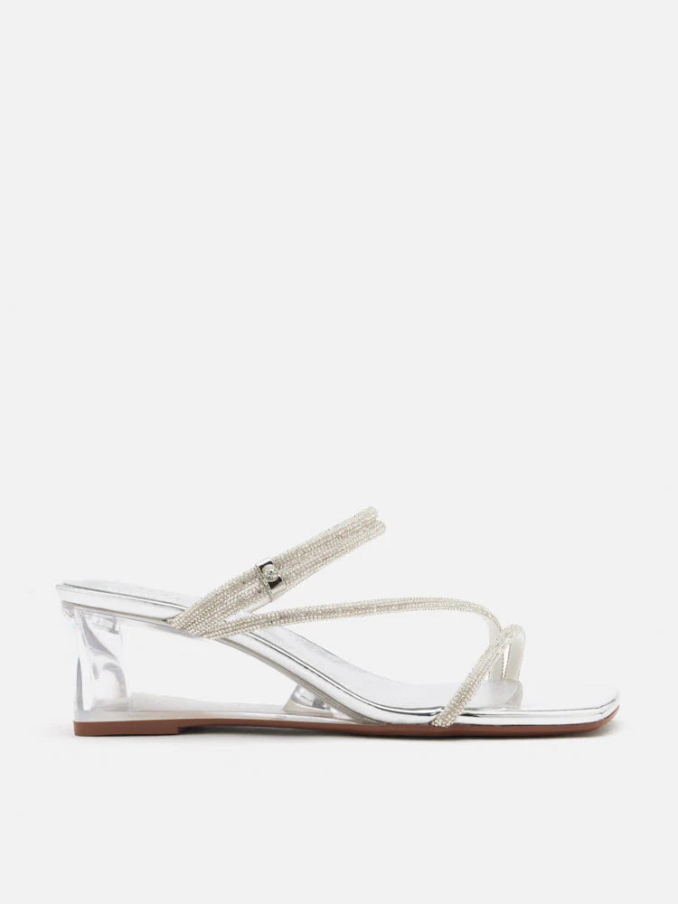 PAZZION, Lola Crystal Strap Wedges, Silver