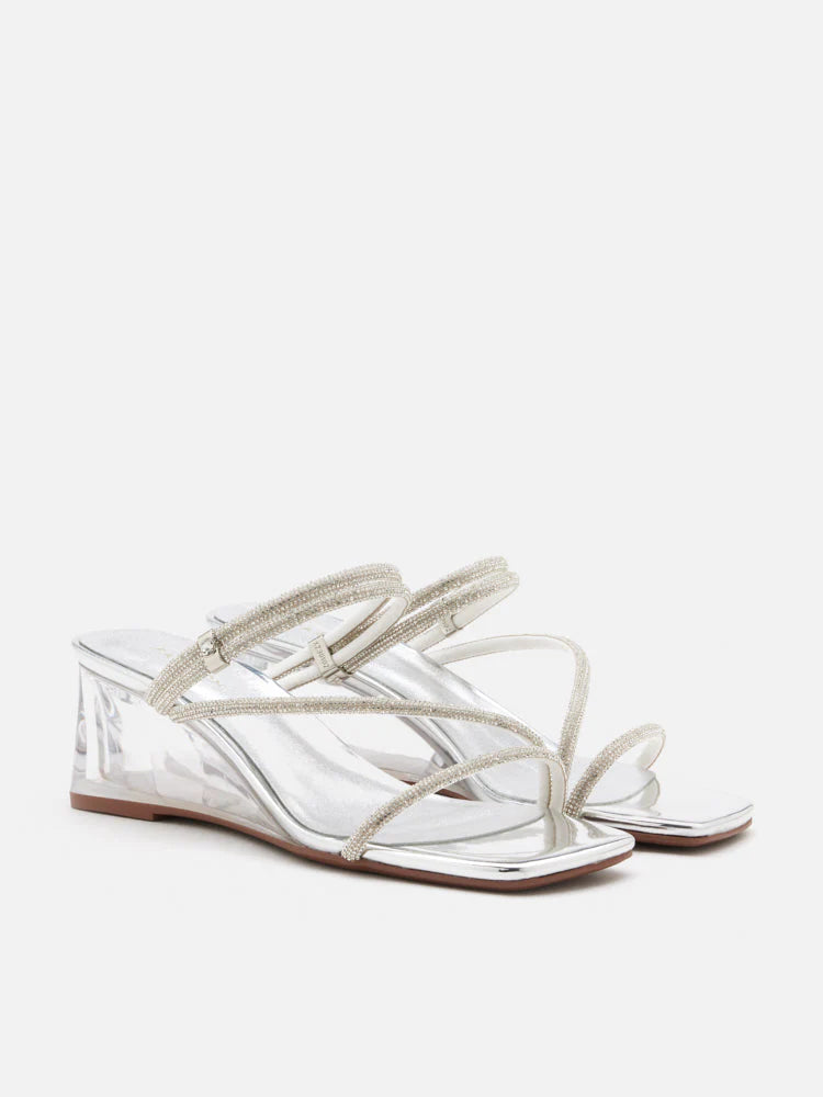 PAZZION, Lola Crystal Strap Wedges, Silver