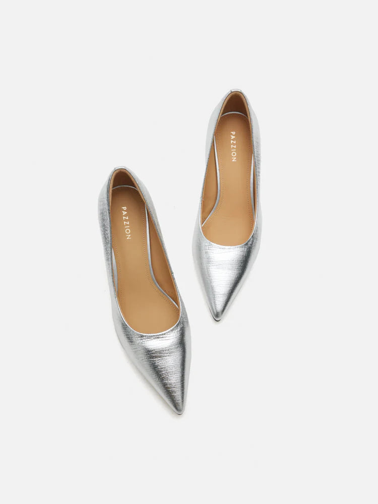 PAZZION, Marcie Metallic Pointed Toe Heels, Silver