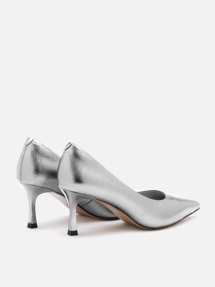 PAZZION, Marcie Metallic Pointed Toe Heels, Silver