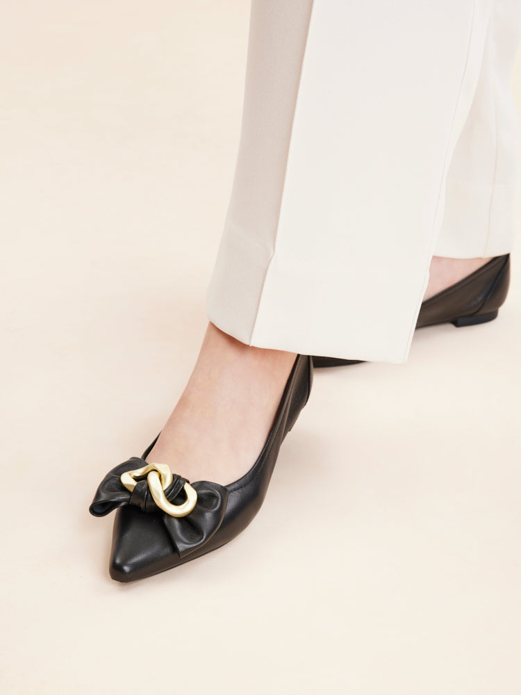 PAZZION, Quirina Gold Buckle Bow Flats, Black