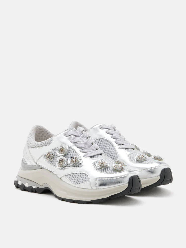PAZZION, Seraphine Sequinned Blooms Sneakers, Silver