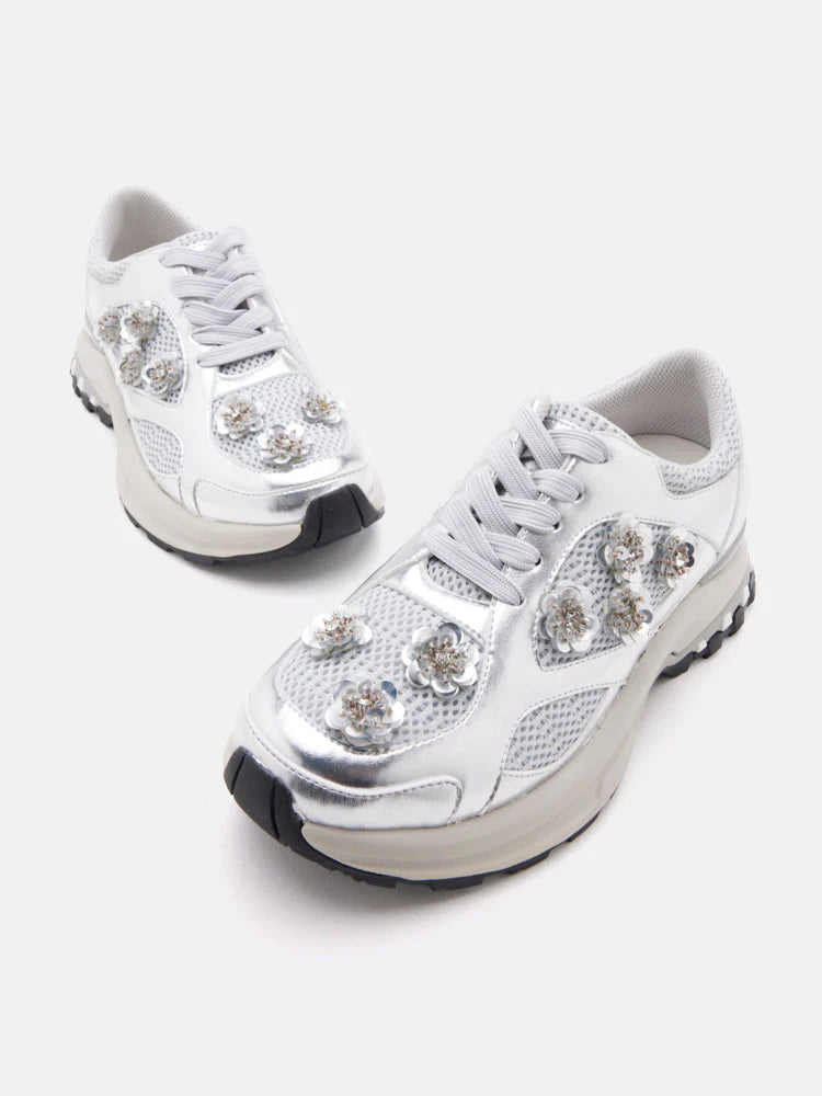PAZZION, Seraphine Sequinned Blooms Sneakers, Silver