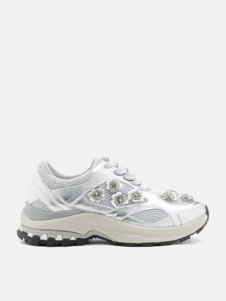 PAZZION, Seraphine Sequinned Blooms Sneakers, Silver