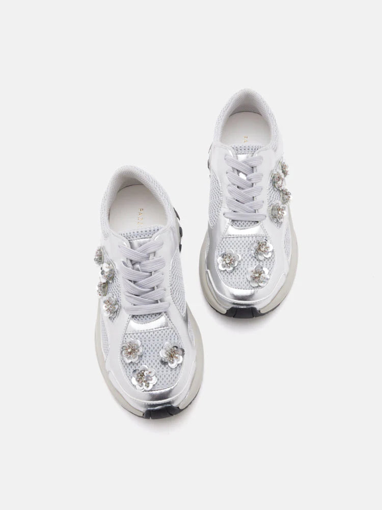 PAZZION, Seraphine Sequinned Blooms Sneakers, Silver