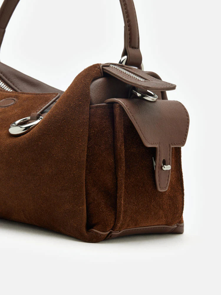 PAZZION, Sevila Suede Leather Satchel, Brown