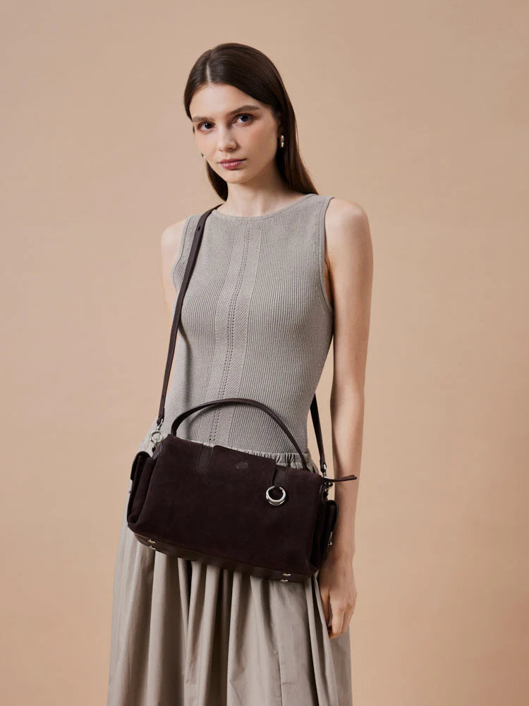 PAZZION, Sevila Suede Leather Satchel, Darkbrown