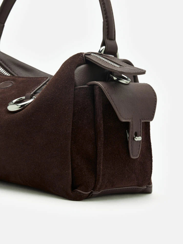 PAZZION, Sevila Suede Leather Satchel, Darkbrown