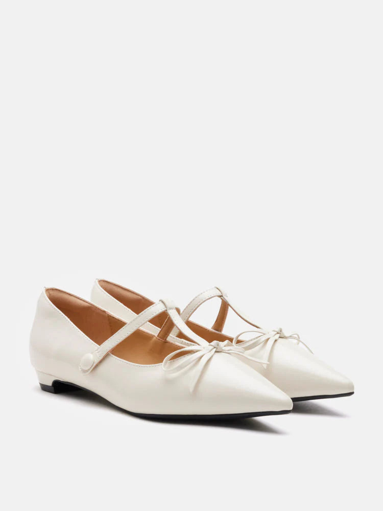 PAZZION, Stevie T-Bar Pointed Toe Bow Flats, Beige