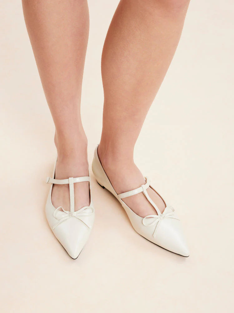 PAZZION, Stevie T-Bar Pointed Toe Bow Flats, Beige