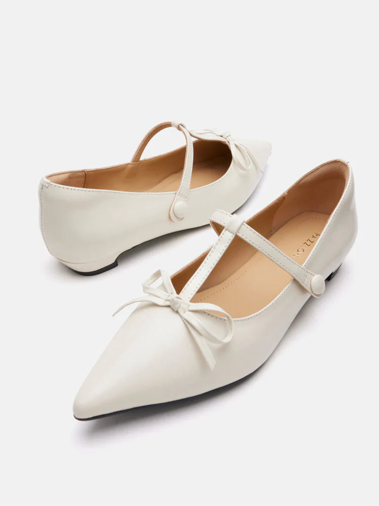 PAZZION, Stevie T-Bar Pointed Toe Bow Flats, Beige