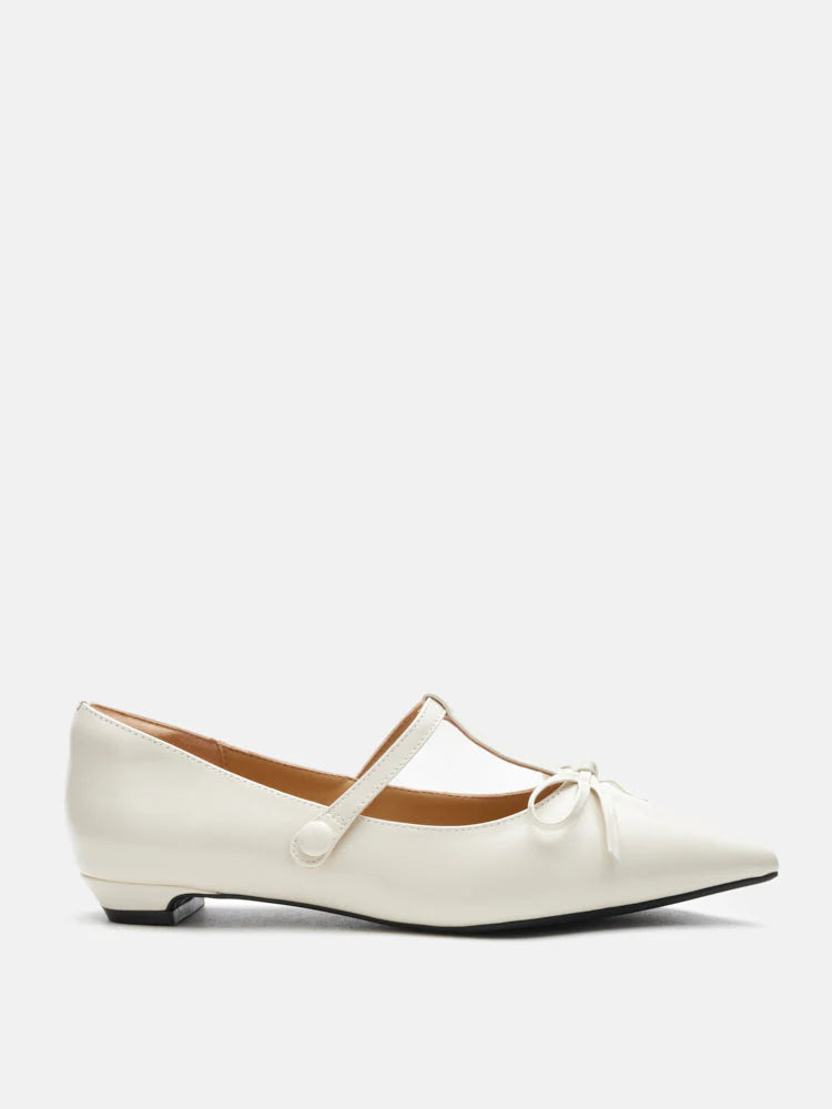 PAZZION, Stevie T-Bar Pointed Toe Bow Flats, Beige