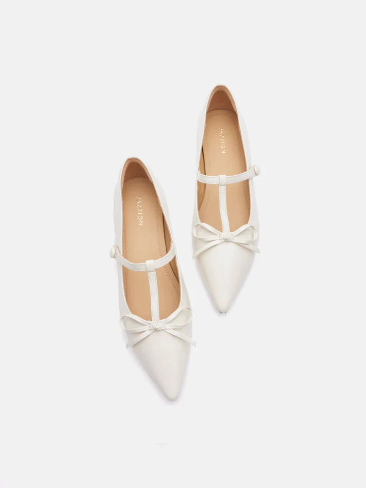 PAZZION, Stevie T-Bar Pointed Toe Bow Flats, Beige
