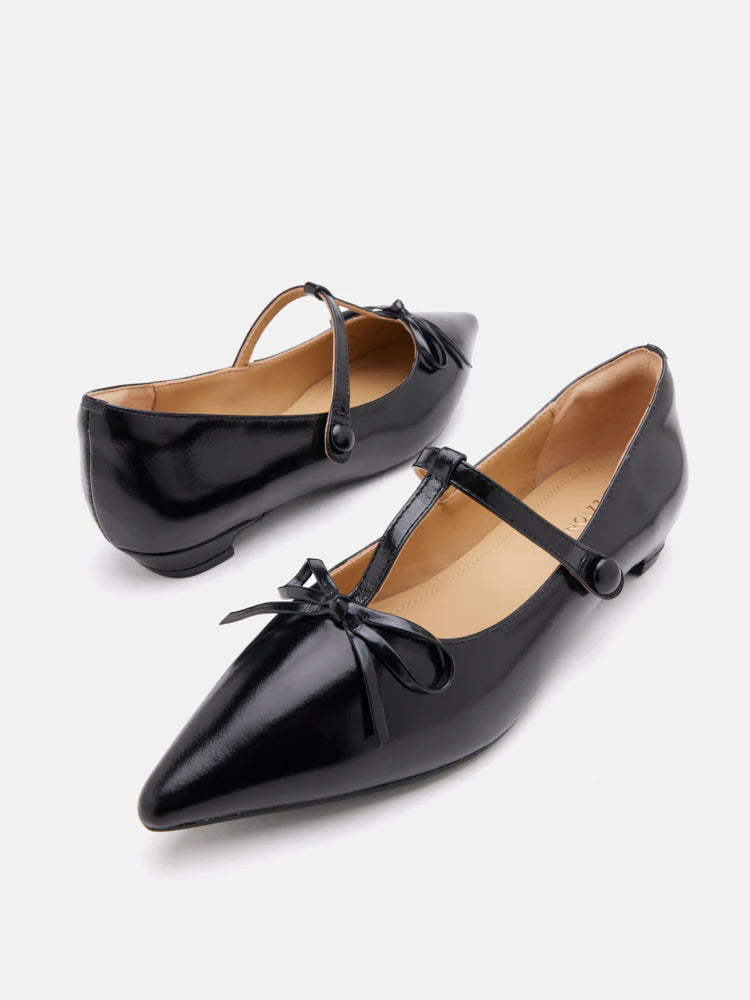 PAZZION, Stevie T-Bar Pointed Toe Bow Flats, Black
