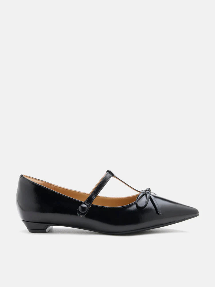 PAZZION, Stevie T-Bar Pointed Toe Bow Flats, Black