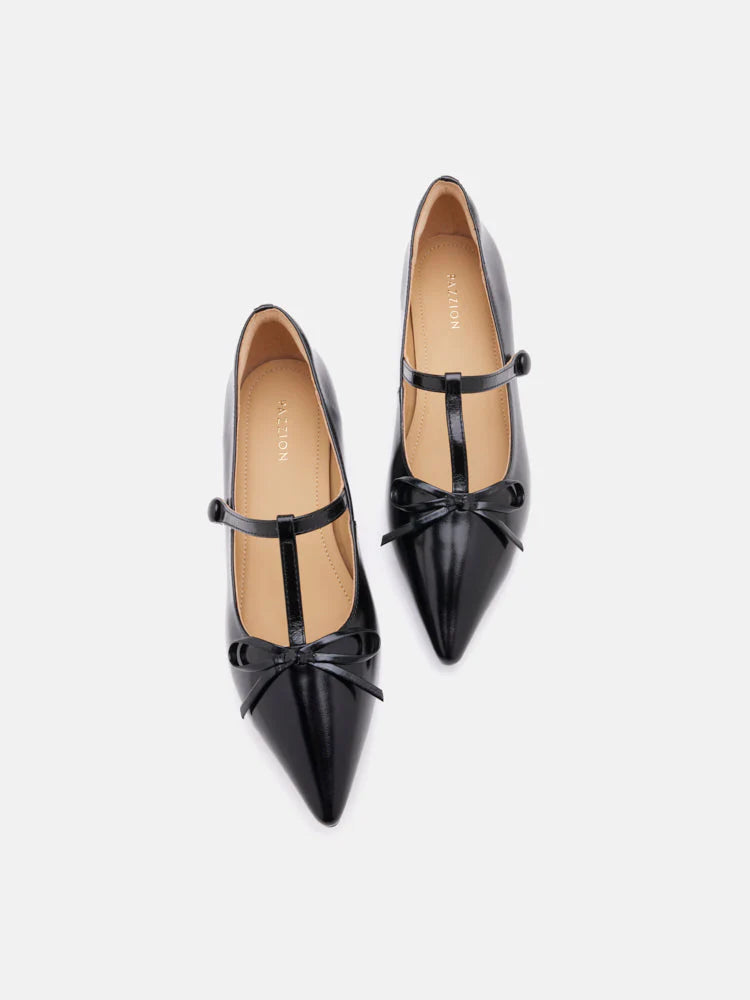 PAZZION, Stevie T-Bar Pointed Toe Bow Flats, Black