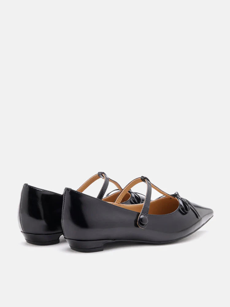 PAZZION, Stevie T-Bar Pointed Toe Bow Flats, Black