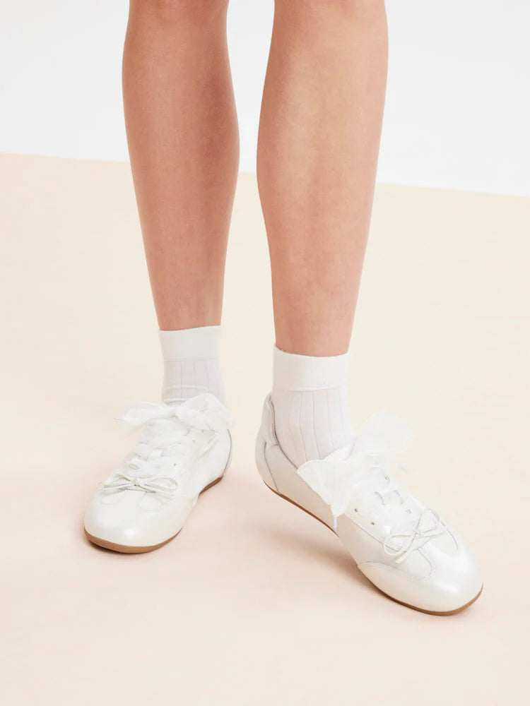 PAZZION, Sylvie Ballerina Satin Bow Sneakers, Beige