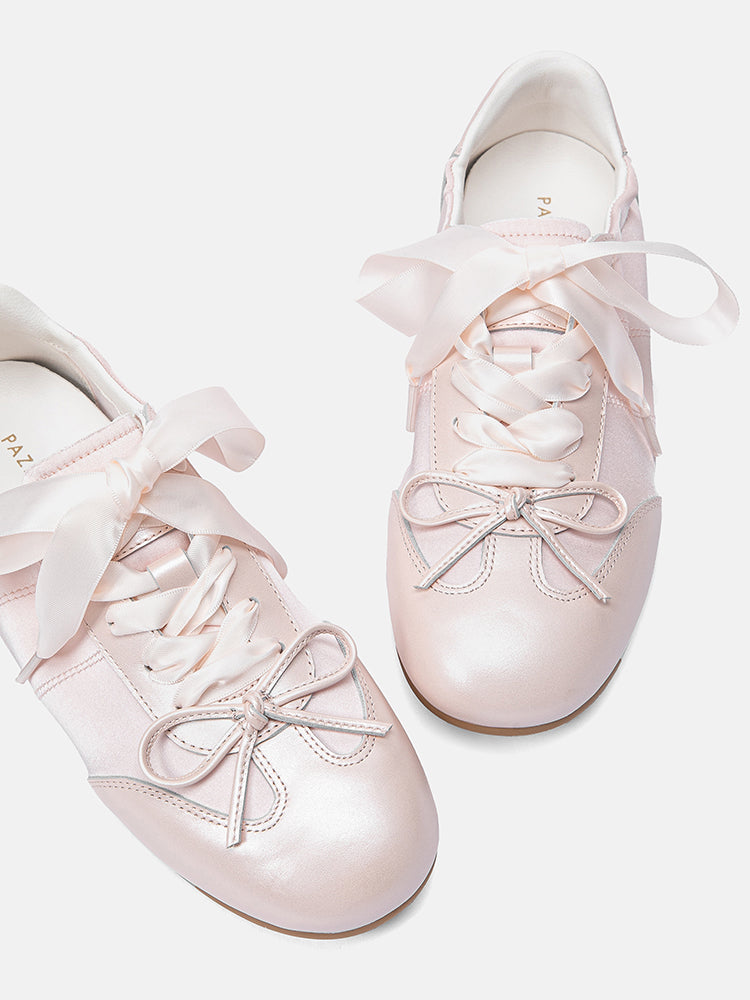 PAZZION, Sylvie Ballerina Satin Bow Sneakers, Pink