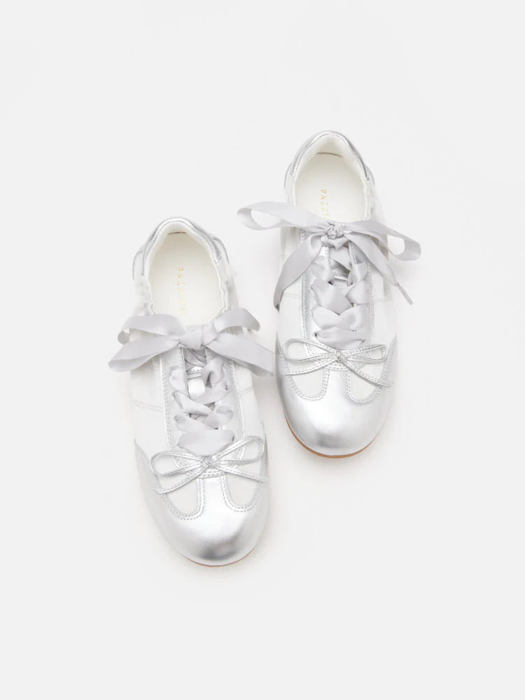 PAZZION, Sylvie Ballerina Satin Bow Sneakers, Silver
