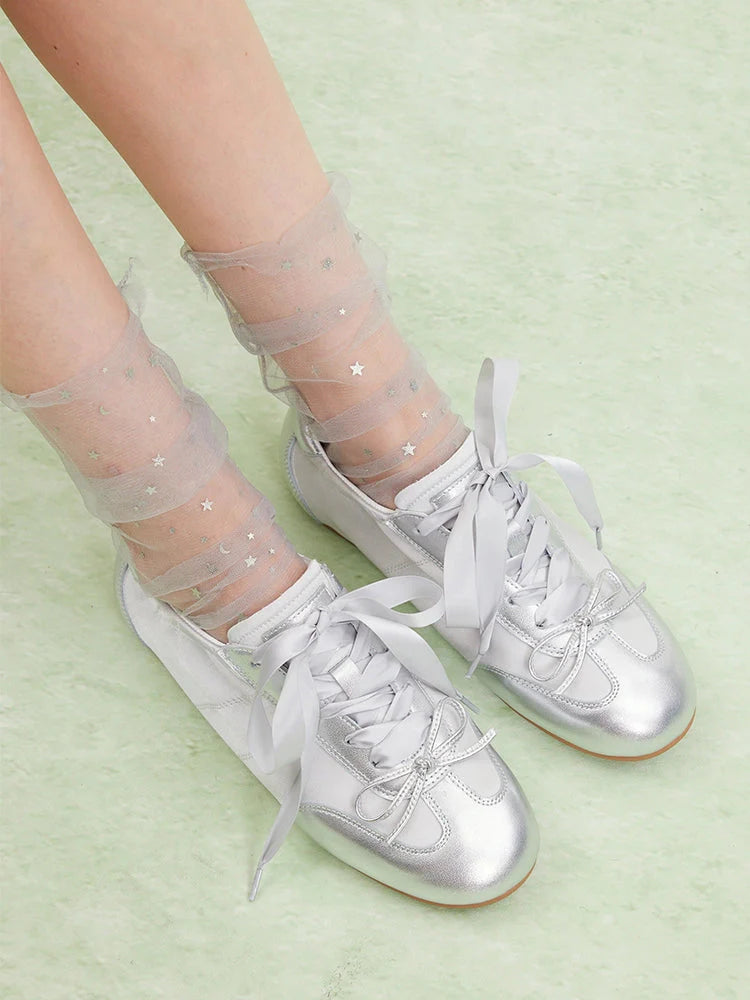 PAZZION, Sylvie Ballerina Satin Bow Sneakers, Silver
